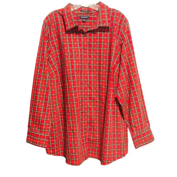 LANDS' END Plaid Button Down Shirt Red & Green Tartan Women's 24W No-Iron Supima - Picture 1 of 7